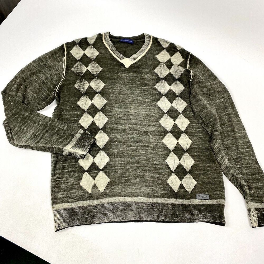 Trussardi Italian V-Neck  Light Weight Argyle Sweater Slim Fit Gray XL